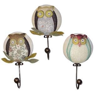 Handmade Owl Cloth Key Metal Wall Hook 6.5”L x 3.5” W.